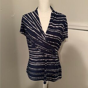 DKNY Womens Navy Striped Print Blouse Shirt Size L Short Sleeve NWOT